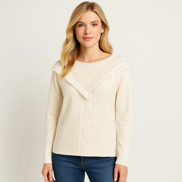 Talbots Cream Fringe Trim Textured Knit Sweater Wool Blend Pullover Size L Large - Picture 7 of 7